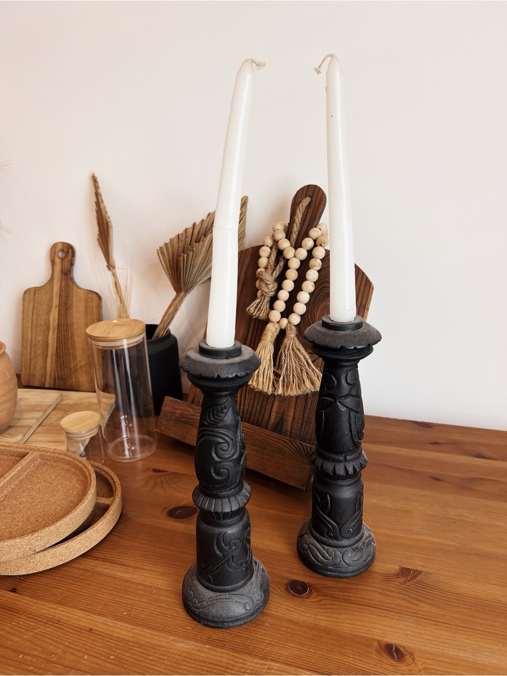 Black Decorative Carved Candle Holders - Set of 2